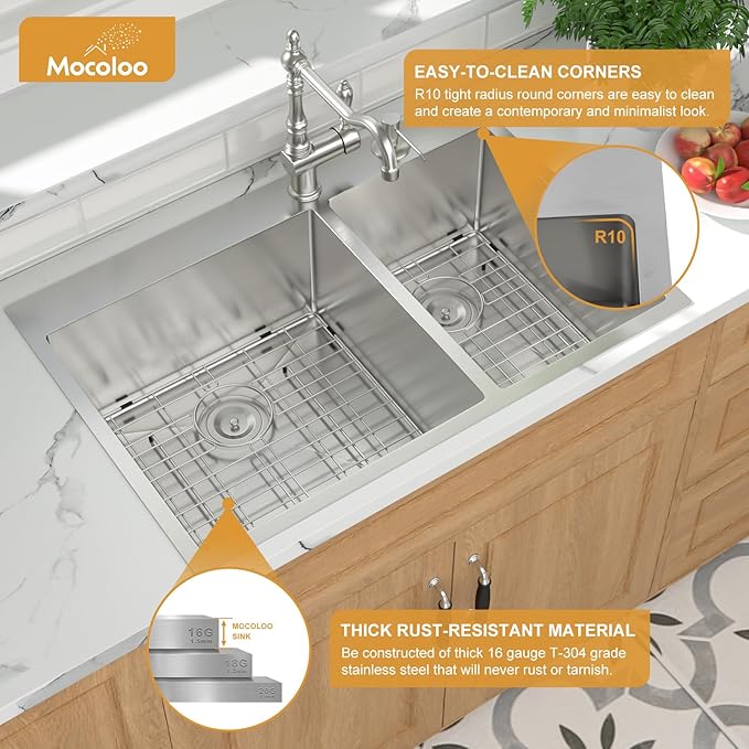 Mocoloo 33 Drop In Kitchen Sink Double Bowl 33 x 22 Drop Sink Double Bowl 60/40 T304 Stainless Steel 16 Gauge Topmount Handmade, 10 Inch Deep