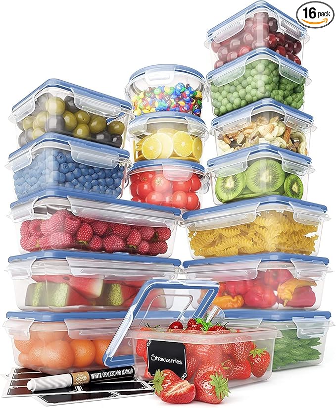 Chef's Path 32 Piece Airtight Food Storage Containers with Royal Blue Easy Snap Lids, 16 Containers and Lids, Stackable Kitchen and Pantry Canisters for Meal Prep and Food Storage -Transparent