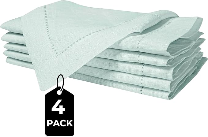 BEDDING CRAFT Set of 4 Hemstitch Pastle Blue Cloth Dinner Napkins 100% Linen - Soft Durable Washable -Ideal for Events Wedding Christmas Thanksgiving Newyear-Perfect Everyday Use Table Linen 18x18.