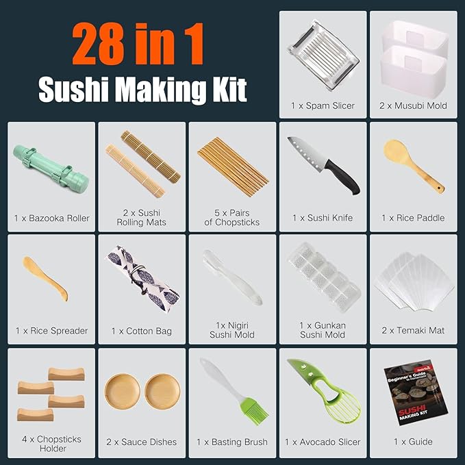 Sushi Making Kit & Musubi Maker Kit - for Beginners & Pros with Sushi Roller Bazooka, 2 Bamboo Mats, 2 Musubi Press Molds and Spam Slicer