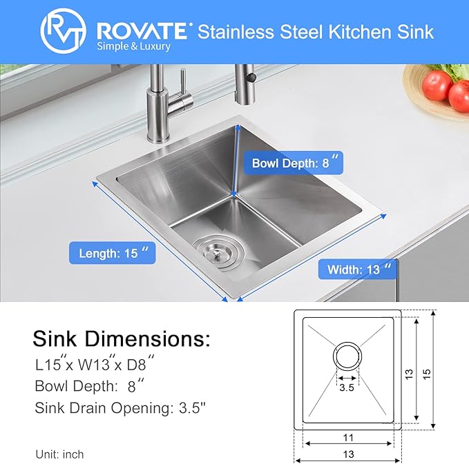 Bar Sink, ROVATE 13 x 15 inch Undermount Bar or Kitchen Sink, Handmade Single Bowl T-304 Stainless Steel Small Wet Bar Sinks