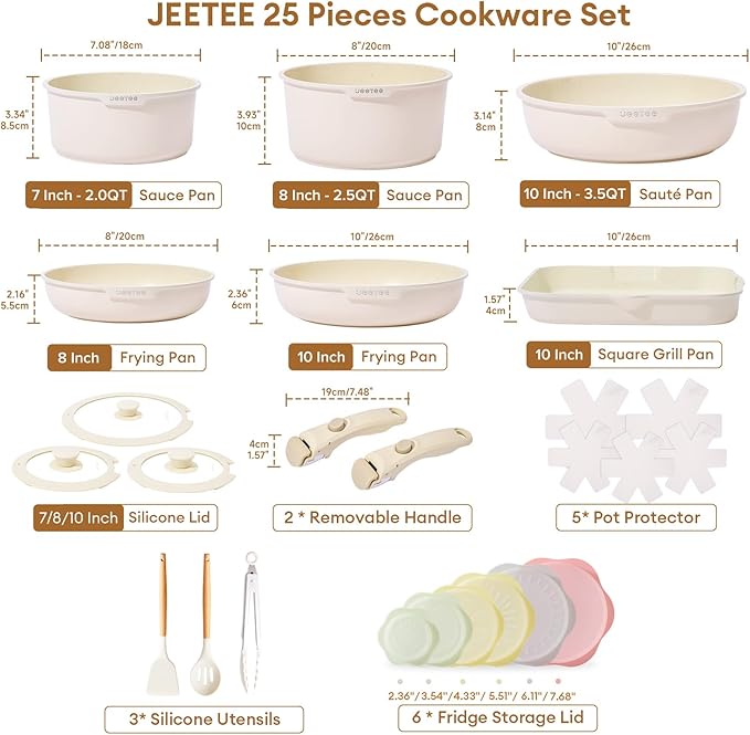 JEETEE Nonstick Pots and Pans Set with Removable/Detackable Handle (Beige, 25 Pieces)