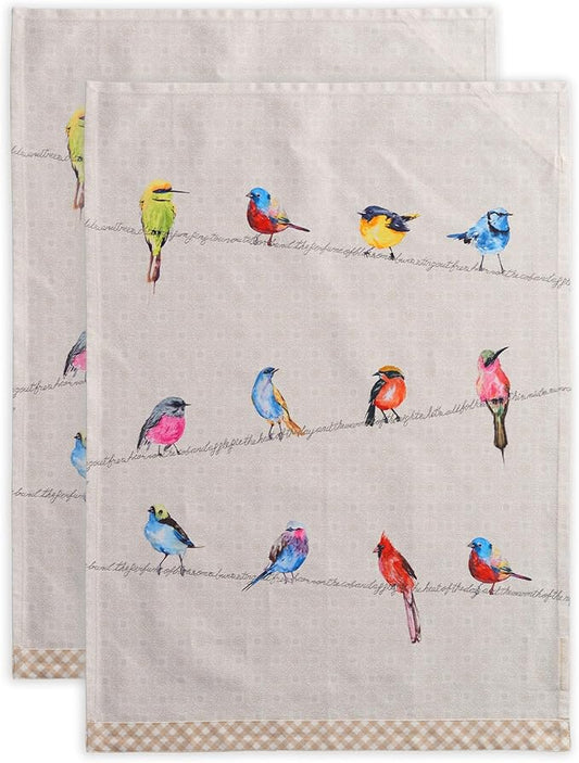 Maison d' Hermine Kitchen Towels Set of 2 100% Cotton 27.50" x 20" Reusable Cloth Tea Dish Towels Absorbent with Hanging Loop for Kitchen, Dining, Cocktail Parties Spring/Summer (Birdies on Wire)