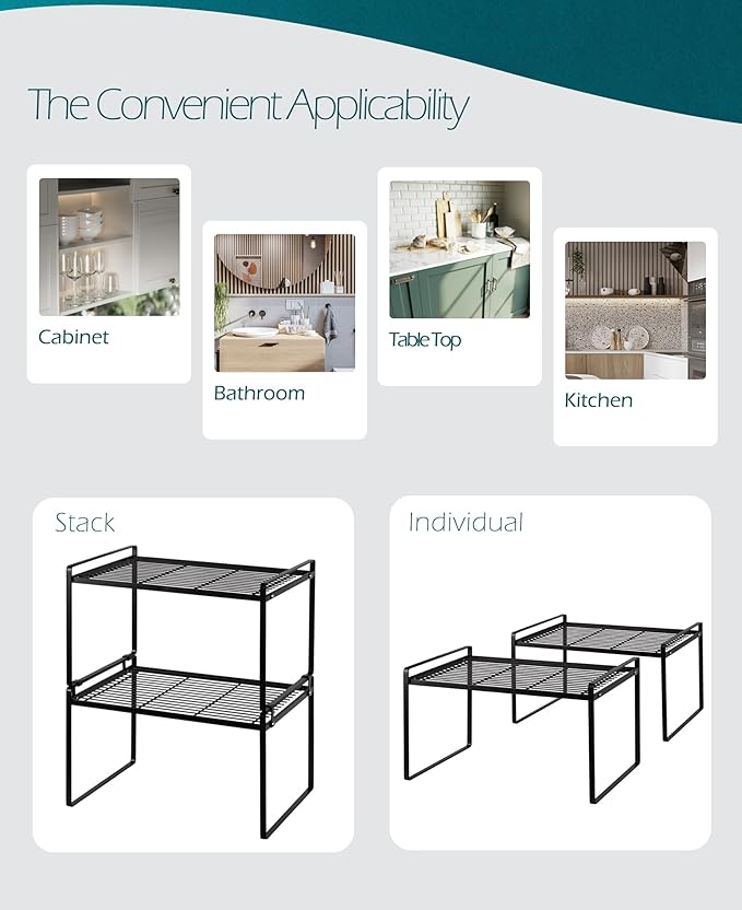 2Pack Kitchen Cabinet Shelf Counter Organizer Rack Pantry Storage Bathroom Bedroom Office Table Desk Space Saving Stackable Rust Resistant Non Slip Black Tall Wide L16.1in W10.6in H9.5in