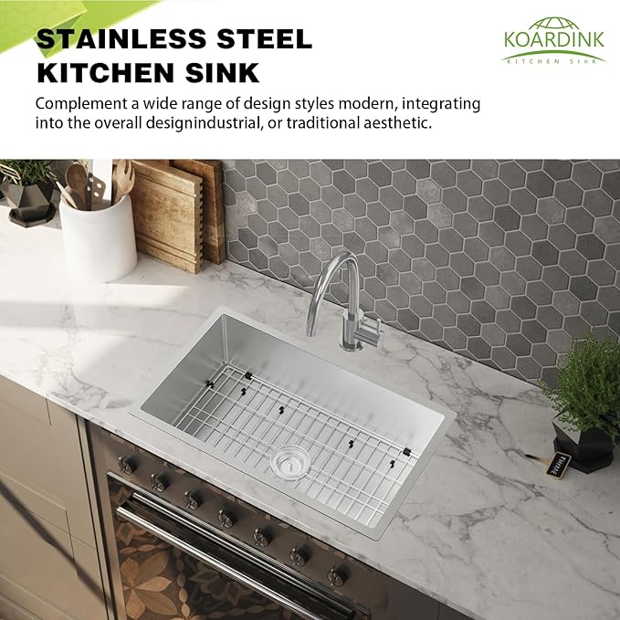 Kitchen Sink, 30x18 Inch Stainless Steel Drop In Kitchen Sink Modern Undermount Single Bowl Kitchen Sink Gift Combo-SS Grid,Silicon Mat,Drain Strainer Set Compatibility With Various Kitchen
