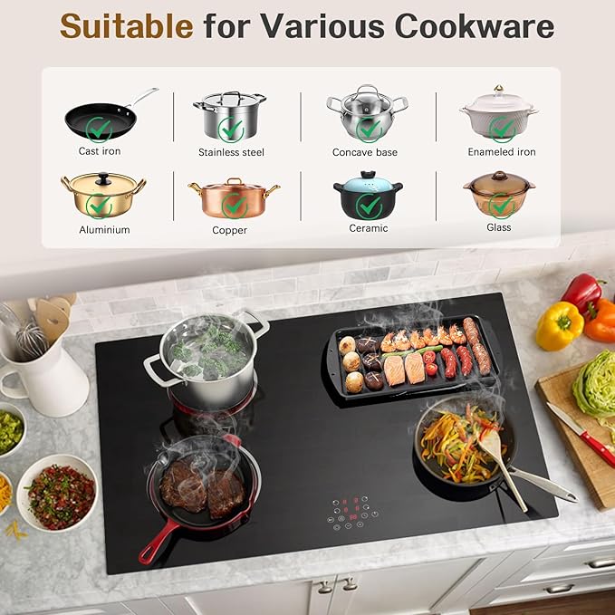 30 Inch Electric Cooktop with 4 Burner, 6400W Electric Stove top with Touch Control, Built-in Ceramic Cooktop, Pause, Safety Lock, Extended Zone & Timer, 220V Hard Wire, Nefaracy