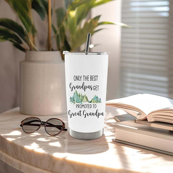 QASHWEY Great Grandpa Gifts Coffee Tumbler - GreatGrandpa Gifts, Fathers Day Travel Tumbler Mug Gift for GreatGrandpa, Promoted to Great Grandpa Stainless Steel Tumblers with Straw and Lid 20 oz