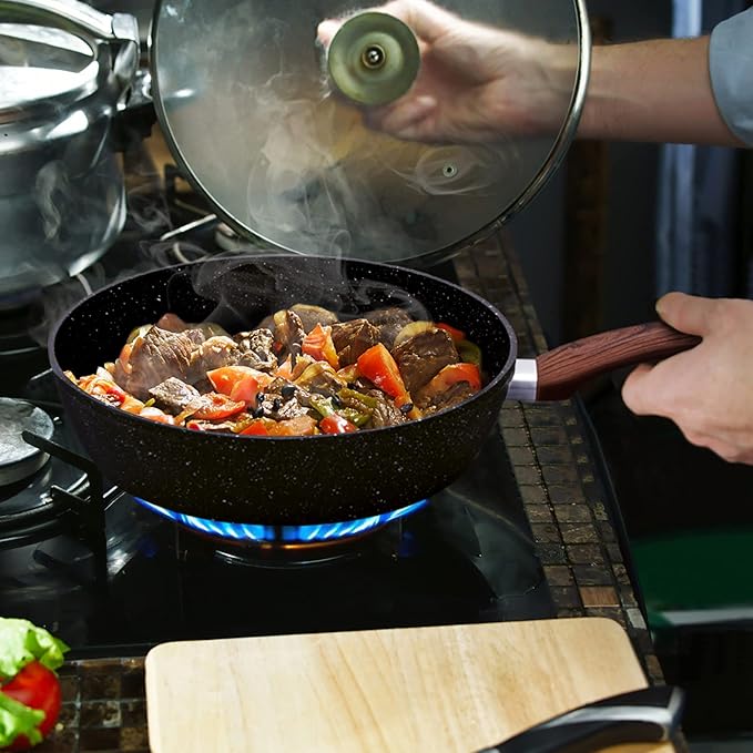 MAISON ARTS 17 Piece Pots and Pans Set Non Stick, Kitchen Cookware Sets with Nonstick Granite Stone Coating, Suitable for Induction Cooktops, Black