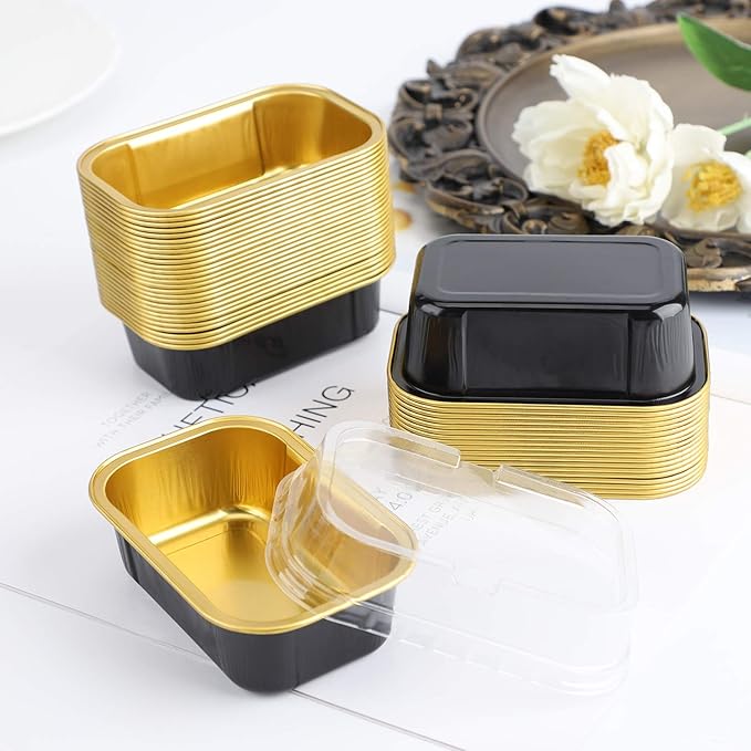 EUSOAR Aluminum Foil Cups, 5.7oz 50pcs Baking Cups with Lids, Snacks Desserts Flan, Cupcake Pie Ramekin, Recyclable Catering Shower Wedding Party Favor Baking Cups-Black Gold