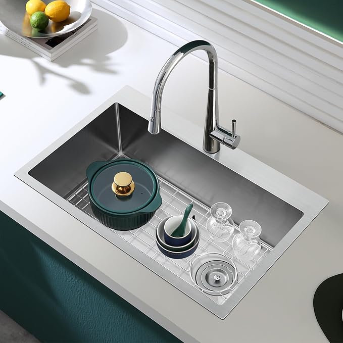 28x18x9 Inch Kitchen Sink Drop in, Handmade 304 Stainless Steel Single Bowl, Centre-Offset Drain, R10 Tight Corner, Topmount Kitchen Sink with Strainer & Bottom Grid