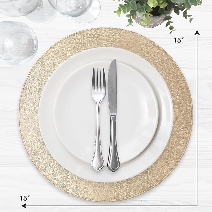 Placemats Set of 6 – Round 15” Faux Leather Table Mats for Dining, Heat Resistant & Non-Slip Washable Table, Indoor, Outdoor, Dining Table Set for 6, Modern Kitchen & Holiday Use, Champagne