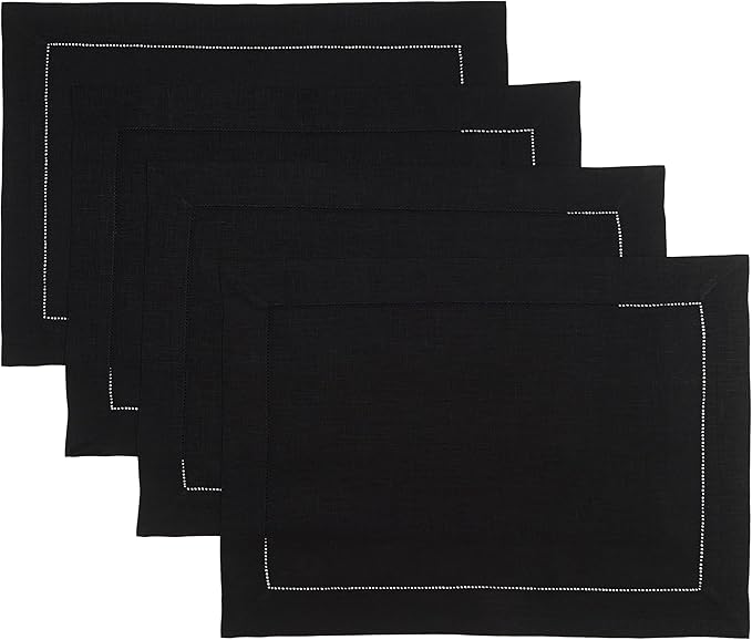 D'Moksha Homes Linen Placemats Set of 4 - Classic Hemstitch Black Placemats 14 x 19 Inch - 100% Pure Linen Table Mats for Fall, Thanksgiving, Holiday - Handcrafted and Machine Washable