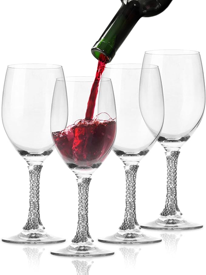 Premium Wine Glasses Set of 4 - Crystal Long Stem Wine Glass with Silver Rhinestone Stem Design - 12 oz