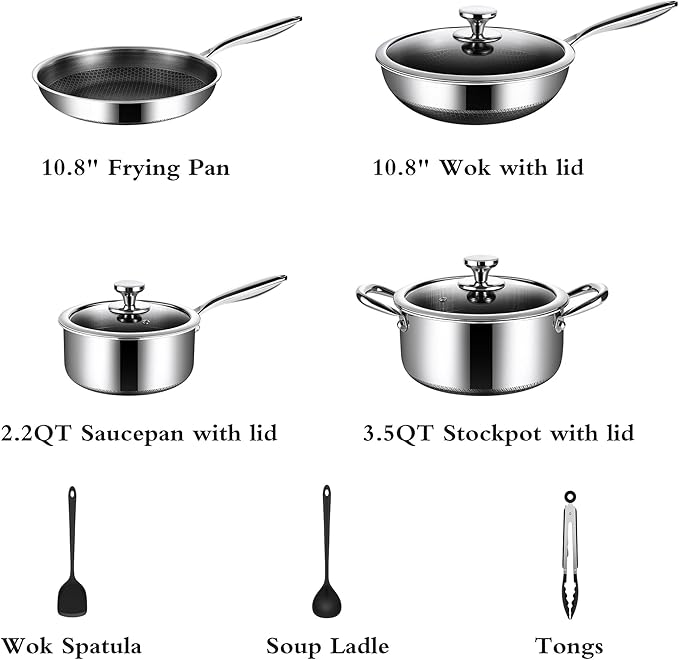 Non Stick Pots and Pan Set, 10 Pcs Hybrid Stainless Steel Cookware Set with Lids, Kitchen Skillet, Stock Pot, Nonstick Frying Pan, Kitchen Cooking Utensils, Induction, Dishwasher Safe