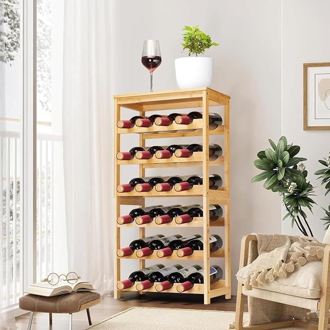 Wine Rack 24-Botttle Freestanding Floor, 6-Tier Wine Rack Shelf with Table Top, Bamboo Display Wine Storage Shelves Kitchen Bar Dining Room Living Room, Natural