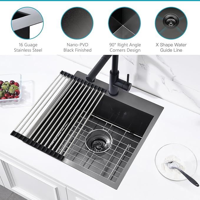 18 Black Drop In Kitchen Bar Sink, ZDHHT 18 x 18 x 10 Inches 16 Gauge T304 Black Stainless Steel Topmount Small Kitchen Sink Bar Prep Square Island Sink