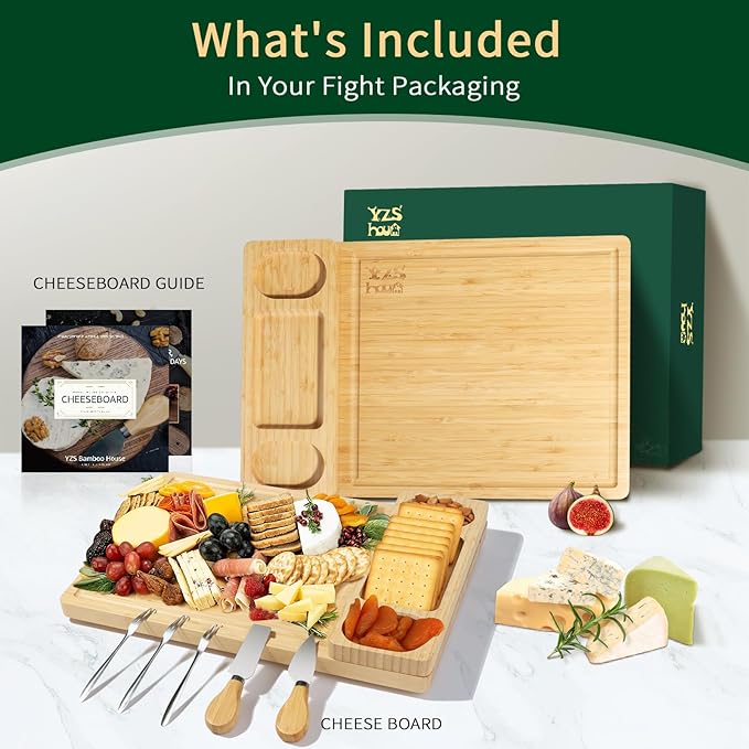 Premium Bamboo Charcuterie/Cheese Board Set – Wooden Serving Tray with Hidden Knife Storage – Cheese Knives & Forks - Perfect Bridal Shower, Housewarming, Anniversary, Mother's Day Gifts
