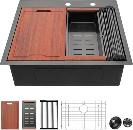 25 Black Kitchen Sink Drop In - LORDEAR 25x22 Inch Kitchen Sink Workstation Gunmetal Black 16 Gauge 304 Stainless Steel Topmount Overcounter Kitchen Laundry Utility Room Sink Basin