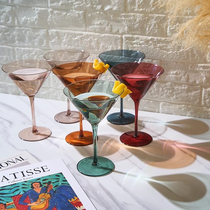 Colored Martini & Cocktail Crystal Glasses - 10oz | Set of 6 | Cute Pastel Muted Crystal Cocktail Glassware, Unique Gift Wife, Her, Mom, Friend Cocktails, Red & White Tall Stemmed Drinkware, Gifts