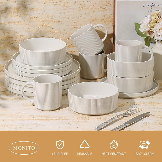 MONITO Ceramic Dinnerware 16 Pieces Dinner Set,Plates Pasta Bowls Cereal Bowls Reactive Change Glaze Dish Sets, Modern Stoneware Dishes,Gift, Creamy white