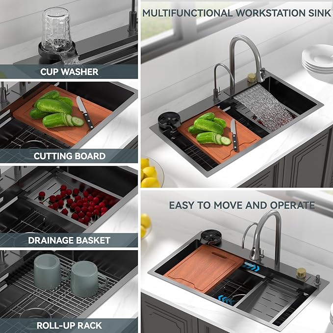 Lordear 33 Watefall Kitchen Sink Drop In - 33x19X9 Sink Stainless Steel 16 Gauge Single Bowl Multifunctional Workstation Sinks with Built-in Accessories,Glass Rinser and Faucet Included