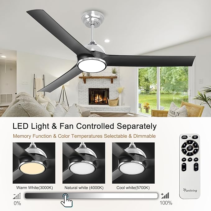 52 Inch Black Ceiling Fan with Lights Remote Control,Quiet DC Motor/Dimmable 3 Colors LED/6 Speed High CFM/3 Blade Indoor Ceiling Fan for Bedroom Living Dining Room or Outdoor Porch