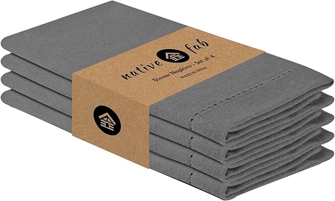Native Fab Grey Cloth Napkins, Set of 4, 100% Cotton, Hemstitched Mitered Edges 18x18 inch, Soft, Durable, Absorbent, Washable, Hotel Linen Quality - Events, Lunch, Party, Dinner Napkins - Gray