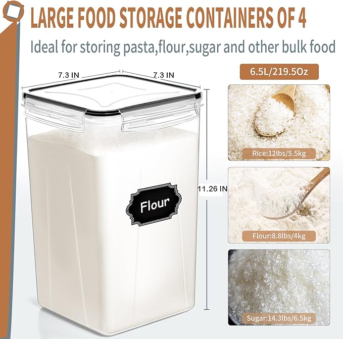 PRAKI Extra Large Tall Airtight Food Storage Containers 6.5L / 220oz, BPA Free, 4pcs Pantry Kitchen Organizers and Storage for Flour, Sugar, Plastic Flour Container with 20 Labels & Maker
