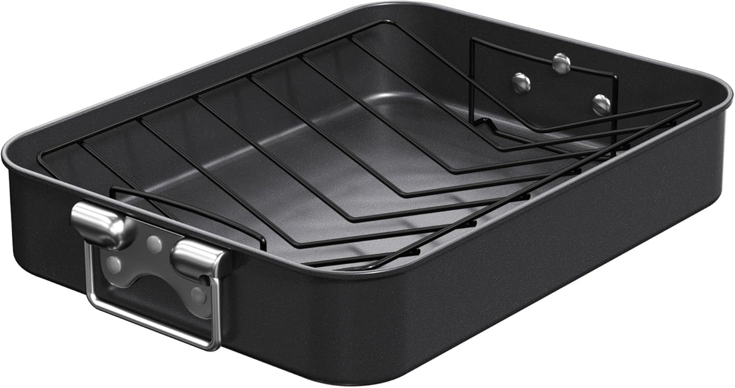 CHEFMADE Large Roasting Pan, 16-Inch Turkey Roasting Pan with V Rack, Nonstick Baking Pan for Lasagna Vegetable and Meat 16.3" x 12.52" x 3.11"