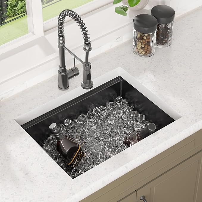 Lordear 25 Inch Black Kitchen Sink Undermount Kitchen Sink Workstation 25x19x10 Gunmetal Black 16 Gauge Stainless Steel Single Bowl