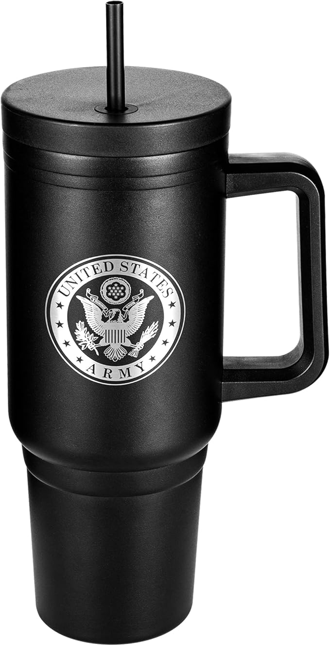 Army 40oz Insulated Tumbler with Handle, Lid & Straw - US ARMY Gifts - Use for Water, Tea, Coffee & More | Army 40oz Tumbler