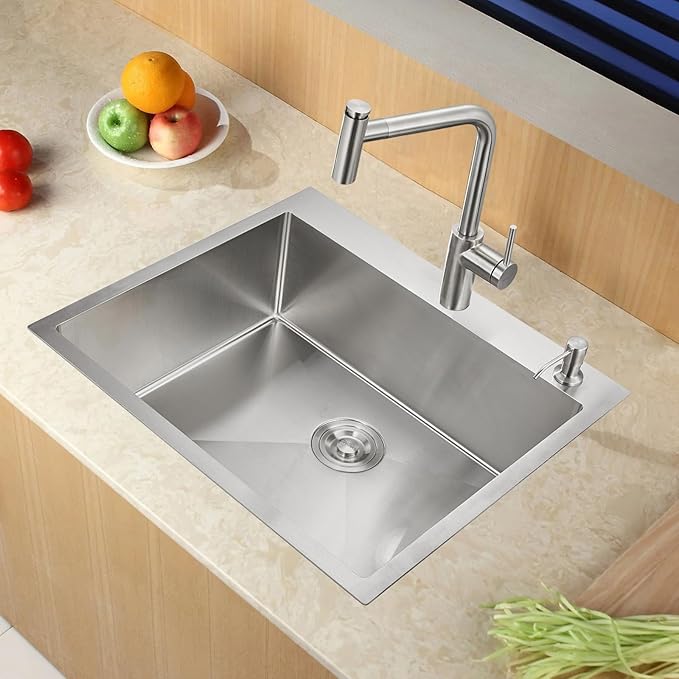 ROVOGO 25x22x8.7 in. Drop-in Kitchen Sink Single Bowl with Rear Drain, 18 Gauge Stainless Steel Handmade Top Mount Sink with 2-Hole, Brushed