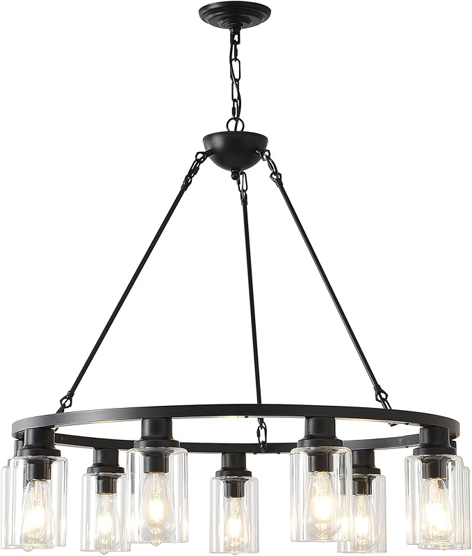 32“ Black Wagon Wheel Chandelier, 9-Light Farmhouse Glass Pendant Lights Kitchen Island Round Hanging Lighting fixtures Ceiling for Living Room, Dining Room, Kitchen Island, Entryway, Foyer