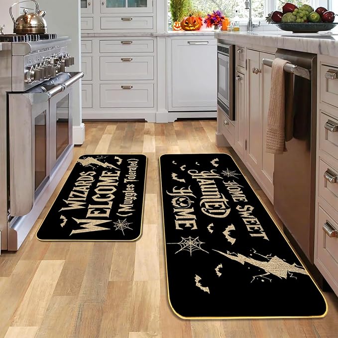Halloween Kitchen Mat Set, 17"x29"and17 x47 Non-Slip Floor Rugs with “Wizards Welcome Muggles Tolerated” and “Home Sweet Haunted Home” Designs, Indoor Outdoor Spooky Halloween Decor