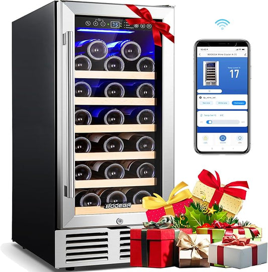 BODEGA Wine Fridge Freestanding, 15 inch Under Counter Wine Refrigerator, Cooler with App Control, Glass Door, for Kitchen, Bedroom, Home, Office, Holds 31 Bottles