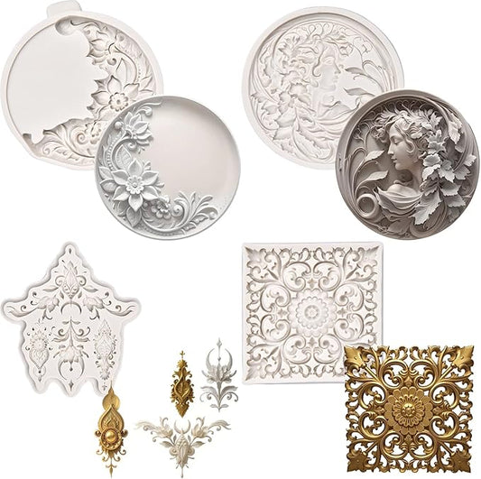 (Four-Piece Set) Picture Frame Flowers, Flowers and Girls, Vintage Carving, Silicone Mold - Resin Mold - Home Decor DIY Tools - Jewelry Casting Clay Plaster Mold