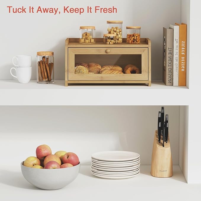 Wood Bread Box for Kithcen Countertop, Rustic Breadox Storage Container for Homemade Bread, Small Bread Keeper Holder Organizer with Window (Natural Bamboo)