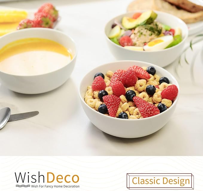 Cereal Bowls Set of 4, White Soup Bowls 20 oz, Ceramic Breakfast Bowl 6 Inch, Kitchen Bowl for Salad, Pasta, Ramen, Oatmeal, Noodle, Rice, Microwave and Dishwasher Safe