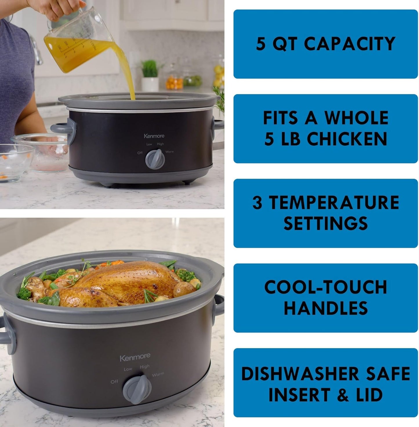 Kenmore 5 Quart Slow Cooker - Mini Crock Pot With Glass Lid, Stainless Steel Electric Cookers, Warm Rice & Sous Vide Stew, Soup, Lunch, Dishwaher Safe Non-Stick Ceramic Insert, 5 lb Chicken 3 lb Roast
