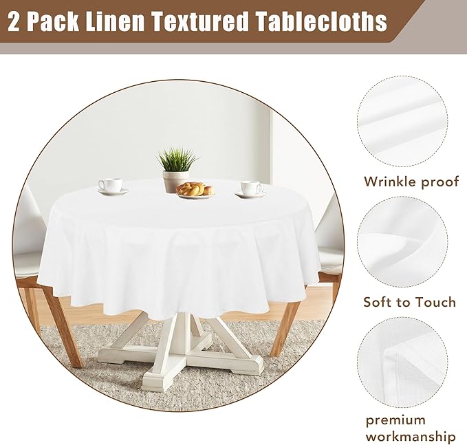 Fitable Faux Linen Round Tablecloths 60 Inches - 2 Pack Textured Table Clothes Faux Burlap Table Covers for Kitchen, Dining Room, Party, Farmhouse, Outdoor (Great for 20"-48" Round Tables, White)