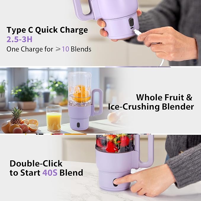 Portable Blender for Smoothies, 34oz Personal Size Mini Small Protein Shake Smoothie Blender, Cordless & BPA Free with Leakproof Lanyard Sip Lid (Purple)