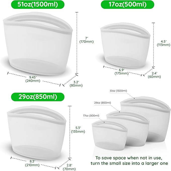 Reusable Silicone Food Storage Bags 3Set Airtight food Storage Containers Food Grade Silicone Snack Bags, BPA Free Food Storage Container, Microwave Safe, Sous Vide Container, White, 17oz+29oz+51oz