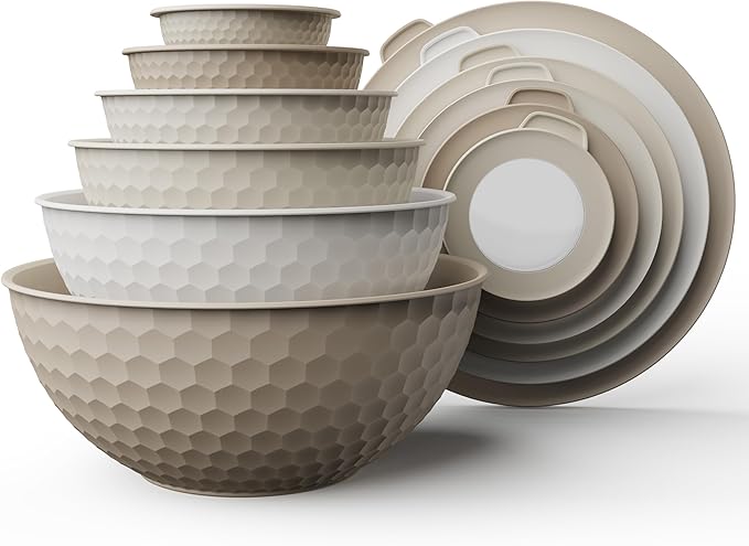 COOK WITH COLOR Mixing Bowls with Lids - 12 Piece Plastic Nesting Bowls Set includes 6 Prep Bowls and 6 Lids, Non Slip Bottom and Embossed Design - Microwave Safe (Brown)