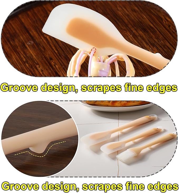 Silicone Spatula Set with Grooved Design + Basting Brush, Heat Resistant, BPA-Free & Non-Stick Small Rubber Spatula, Kitchen Utensils Set for Baking, Cooking, Scraping, Stirring & Basting 3 PCS