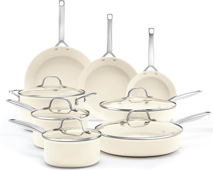 GOTHAM STEEL PRO 13 Pc Ceramic Cookware Set Nonstick, Pots and Pans Set Non Stick for Kitchen, Hard Anodized Induction Cookware, Non Toxic Made Without PFOA PFOS, Oven & Dishwasher Safe, Cream White