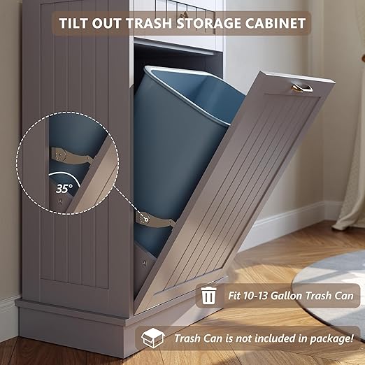 Tilt Out Trash Bin Cabinet Dog Proof Trash Can Holder Kitchen Island with Garbage Bin or Tilt Out Laundry Hamper (Gray)