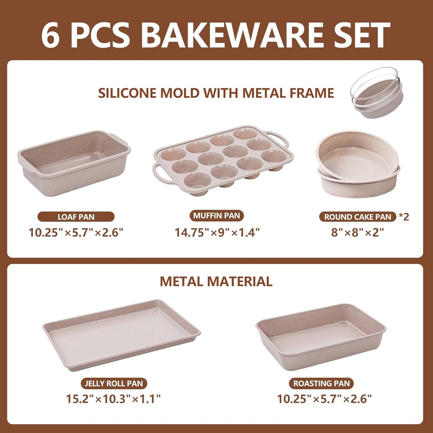 Vinino 6-Piece Baking Pans Set Nonstick, Bakeware Set includes Silicone Muffin, Loaf, Cake Pans with Metal Reinforced Frame. And includes Carbon Steel Roasting Pan, Cookie Sheet for Oven