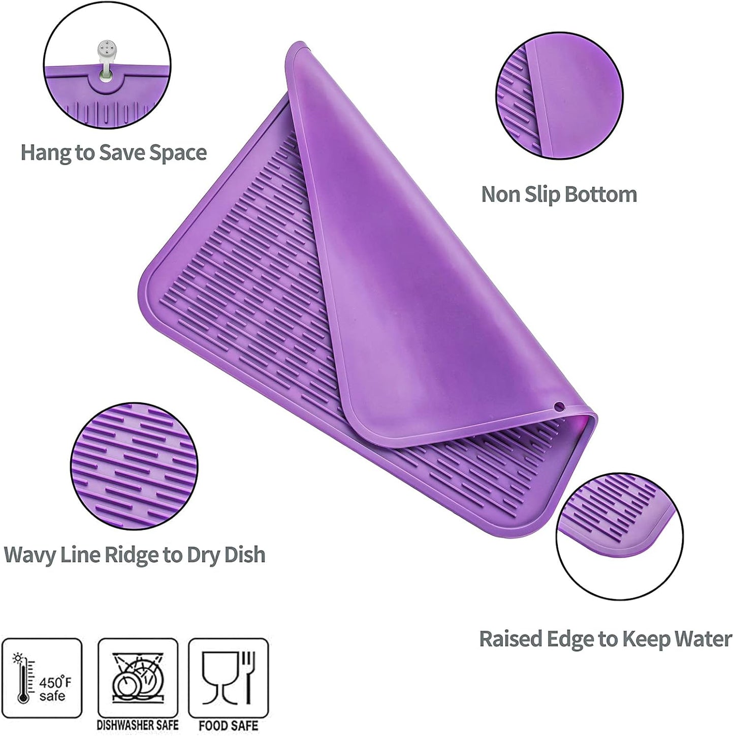 Silicone Dish Drying Mat for Multiple Usage,Easy clean,Eco-friendly,Heat-resistant Silicone Mat for Kitchen Counter or Sink,Refrigerator or Drawer Liner Purple XL 18 inches x 16 inches