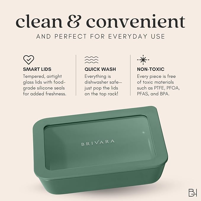 Ceramic Coated Glass Food Storage Containers | No PTFE, PFOA, PFAS, and BPA | Reusable Non Toxic Meal Prep Containers with Glass Lids | Easy To Store | 10 Piece Set [Pine]