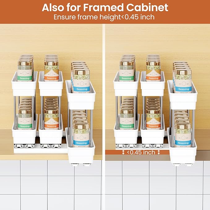 Pull Out Spice Rack Organizer for Cabinet, Slide Out Spice Racks Organizer, Easy to Install Spice Cabinet Organizers, 2.3''Wx10.35''Dx8.26''H, 3 Pack-2 Tier(White)